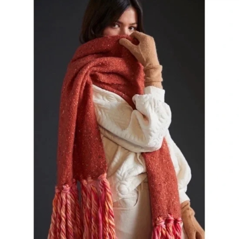 Anthropologie Bronze/Orange Fringe Tassel Wrap Scarf